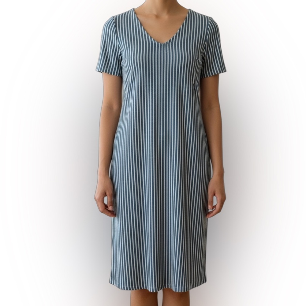 Isaac Mizrahi Striped V-Neck Dress in Blue and White Designed in California XL